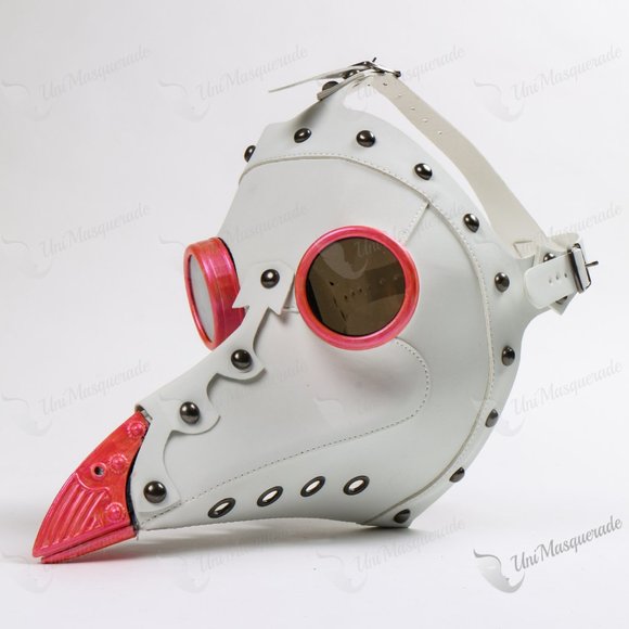 White Leather Plague Doctor Venetian Masquerade Party Mask w/ Pink Goggles Beak - Picture 3 of 6